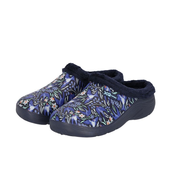 Angro Damen Clogs blau Schwalben mit Kunstfell und Gartenhandschuhen Gartenclogs