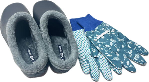 Angro Damen Gartenclogs mit Fell navy mit Gartenhandschuhe 2 teilig