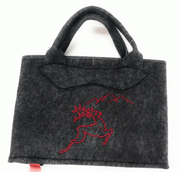 Witzgall Filztasche dunkelgrau Hirsch Berge rot 29 cm x 15 cm Trachtentasche Filztasche Henkeltasche