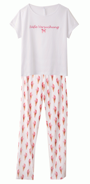 Louis & Louisa Damen Pyjama Süße Versuchung Weiß allover Eishörnchen Hose ohne Bündchen Nachtwäsche