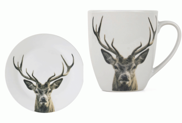 Mars & More Frühstücksgeschirr Becher Rotwild 400cc und Desserteller Ø 19cm 2 teilig Frühstücksset