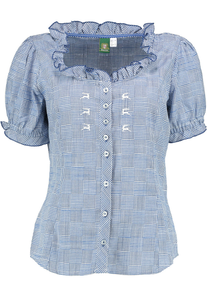 Orbis Damenbluse Rundhals Rüschen blau 1/2 Arm kleinkariert Trachtenbluse
