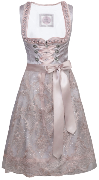 Marjo Dirndl Benita silber rose Rockjlänge 65cm Spitzenschürze