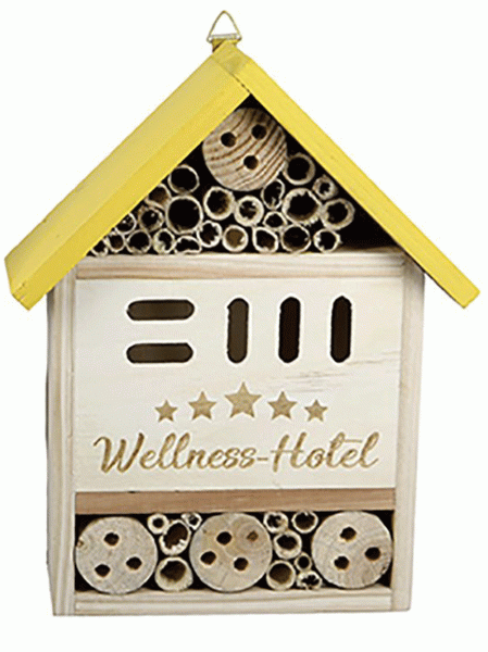 Gilde Handwerk Holz Insektenhotel Wellness Natur gelbes Dach 24,5 cm x 20cm x 8 cm