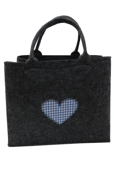 Filztasche dunkelgrau mit blau kariertem Herz und Henkel