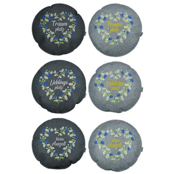 Filzkissen Wildblumen rund dunkelgrau hellgrau bestickt und Spruch Ø 40 cm H 5cm
