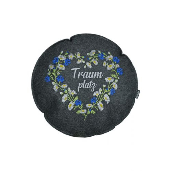 Filzkissen Wildblumen rund dunkelgrau hellgrau bestickt und Spruch Ø 40 cm H 5cm
