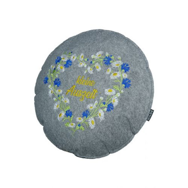 Filzkissen Wildblumen rund dunkelgrau hellgrau bestickt und Spruch Ø 40 cm H 5cm