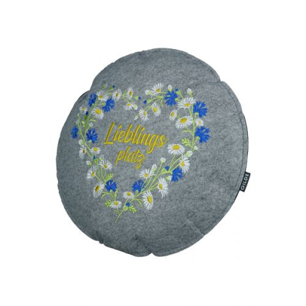 Filzkissen Wildblumen rund dunkelgrau hellgrau bestickt und Spruch Ø 40 cm H 5cm