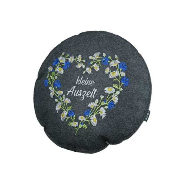 Filzkissen Wildblumen rund dunkelgrau hellgrau bestickt und Spruch Ø 40 cm H 5cm