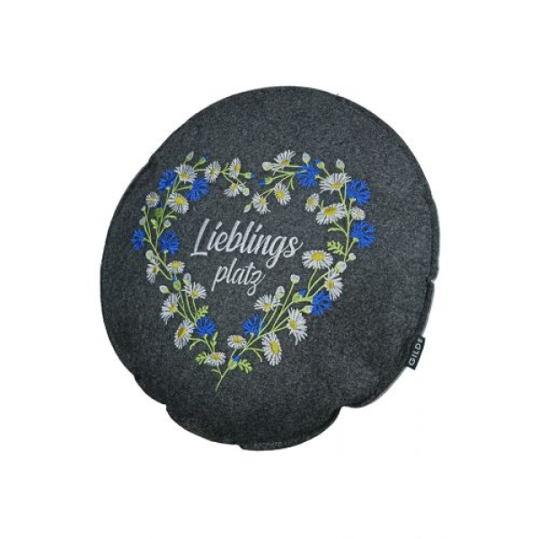 Filzkissen Wildblumen rund dunkelgrau hellgrau bestickt und Spruch Ø 40 cm H 5cm