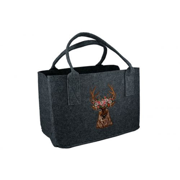 Gilde Filztasche Hirschkopf mit Blumenkranz dunkelgrau 26x25x40cm Einkaufstasche Shoppertasche Henkeltasche