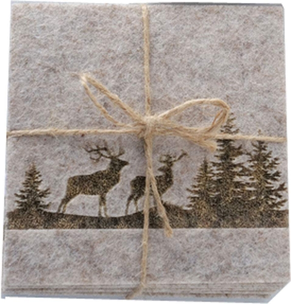 Home Collection Boltze Filzuntersetzer beige 10x10cm Glasuntersetzer Hirsch im Wald 6 Stück eckig Untersetzer