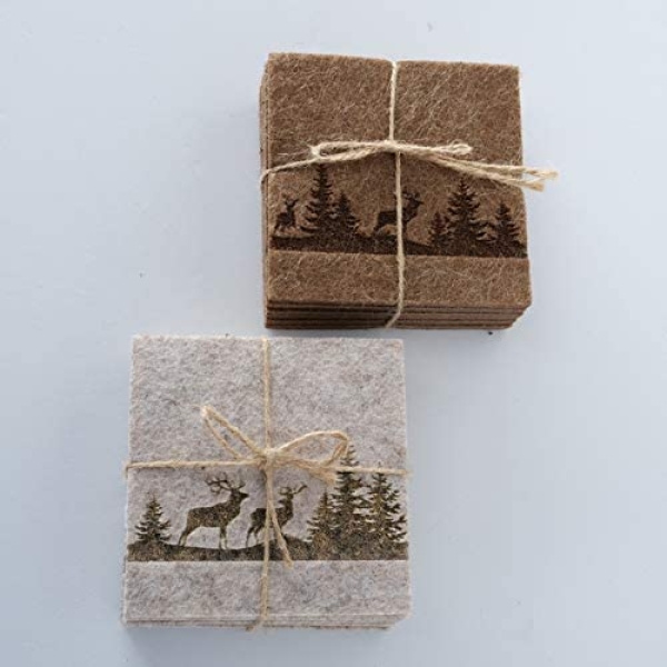 Home Collection Boltze Filzuntersetzer beige 10x10cm Glasuntersetzer Hirsch im Wald 6 Stück eckig Untersetzer