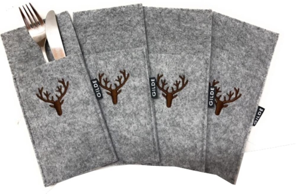 Gilde Handwerk Filz Bestecktaschen Hirsch hellgrau groß 28x11x1cm 4er Set
