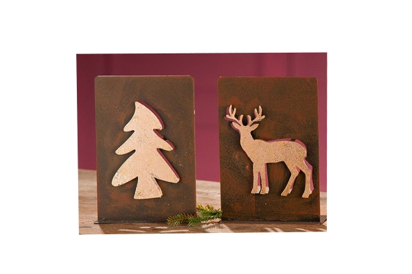 Gilde 2er Set 3D-Teelichtleuchter Baum/Hirsch braun-gold