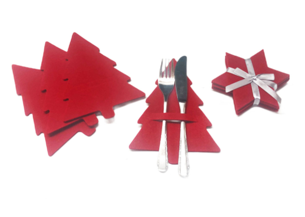 Gilde Weihnachtliche Bestecktaschen Baum rot 4er Set und Untersetzer Stern rot 6er Set
