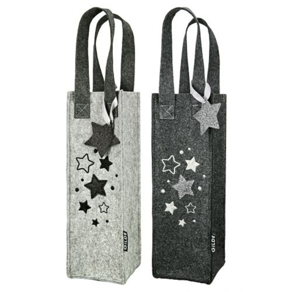 Gilde Filz Weinflaschentaschen Sternenschauer hellgrau und dunkelgrau mit glänzenden Sternen  2er Set  30x10x10cm