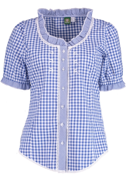 Orbis Trachtenbluse 1/2 Arm blau kariert mit Rüsche und Spitzenborte