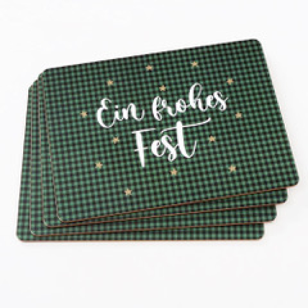 Boltze Tischset 4 er Set 30x40cm mit Spruch ein Frohes Fest mit Korkunterseite Platzsets grün abschwaschbar MDF
