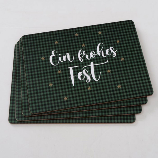 Boltze Tischset 4 er Set 30x40cm mit Spruch ein Frohes Fest mit Korkunterseite Platzsets grün mit Servietten abschwaschbar MDF
