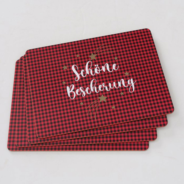 Boltze Tischset 4 er Set 30x40cm mit Spruch Schöne Bescherung mit Korkunterseite Platzsets rot mit Servietten abschwaschbar MDF