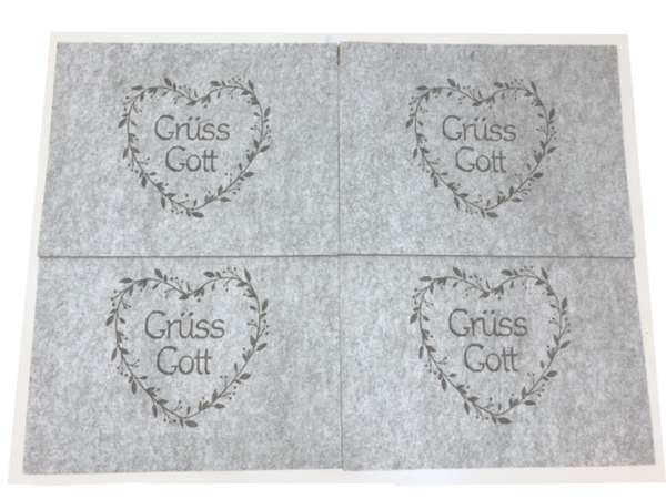Boltze Platzsets Tischsets Filz  grau 4er Set 45cm x 35cm Essunterlage mit Spruch Grüß Gott im Herz