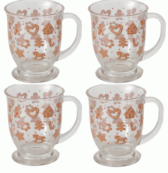Boltze Home Collection Trinkbecher Ginger Glühweinbecher 490 ml 4 teiliges Set Lebkuchenmotiv
