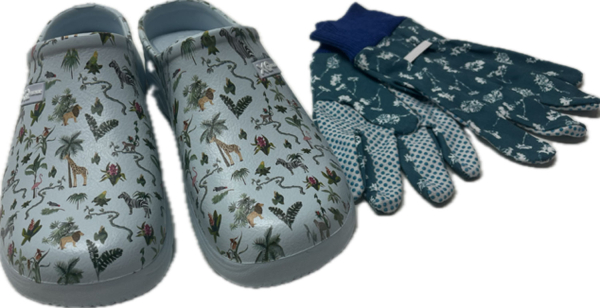 Damen Gartenclogs Safari blau mit passenden Gartenhandschuhen 2 teiliges Gartenset