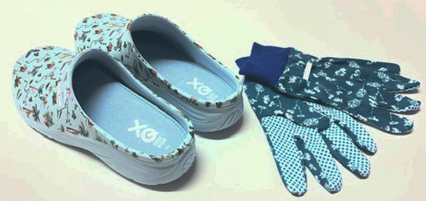 Damen Gartenclogs Safari blau mit passenden Gartenhandschuhen 2 teiliges Gartenset