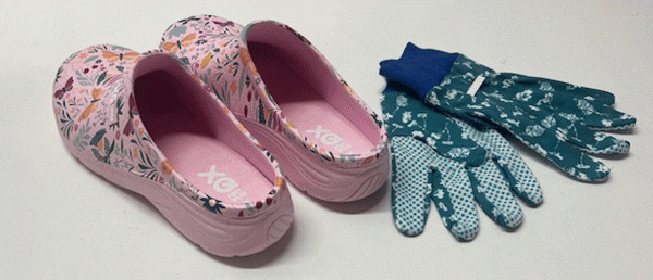 Damen Gartenclogs Schmetterling rosa mit passenden Gartenhandschuhen 2 teiliges Gartenset