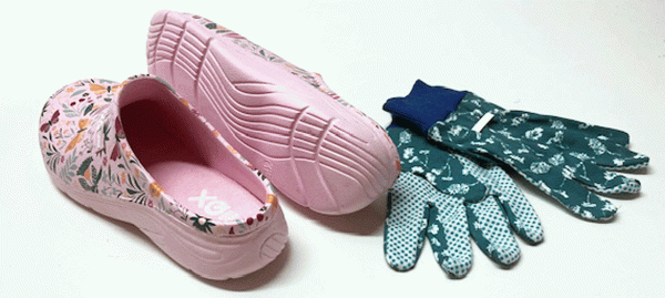 Damen Gartenclogs Schmetterling rosa mit passenden Gartenhandschuhen 2 teiliges Gartenset