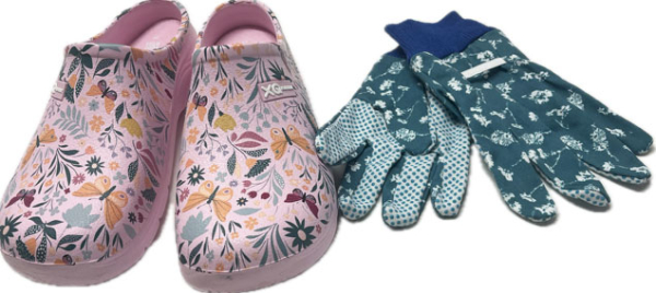 Damen Gartenclogs Schmetterling rosa mit passenden Gartenhandschuhen 2 teiliges Gartenset
