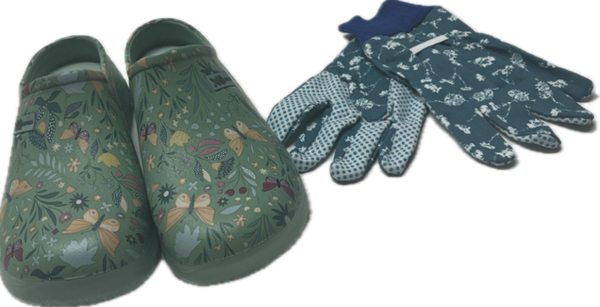 Damen Gartenclogs Schmetterling mint mit passenden Gartenhandschuhen 2 teiliges Gartenset