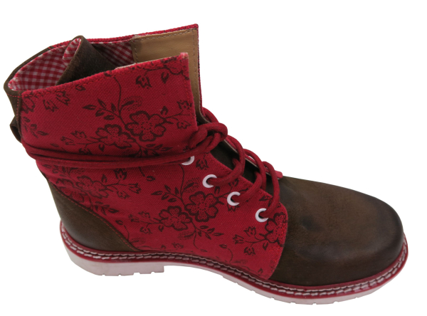Spieth & Wensy Trachtenstiefel Canvas Rot Rustik mit brauner Lederkappe und floralem Muster - Kopie