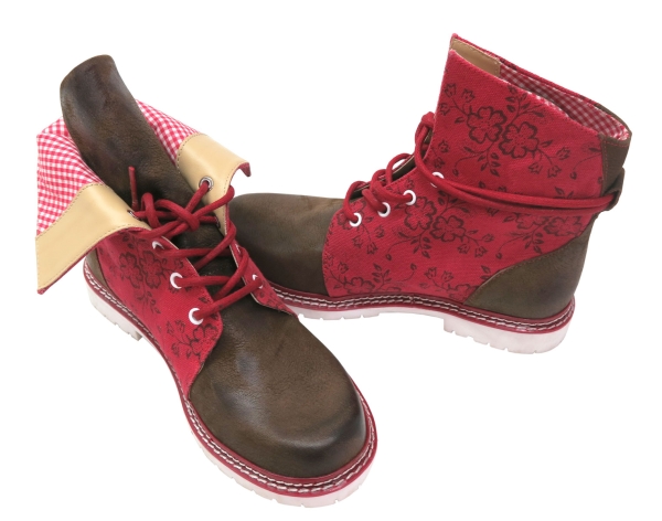 Spieth & Wensy Trachtenstiefel Canvas Rot Rustik mit brauner Lederkappe und floralem Muster