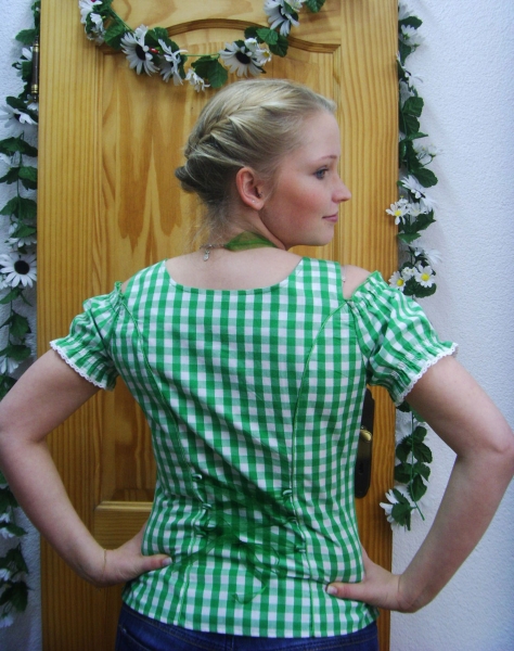 Schulterfreie grün/weiss karierte Bluse Elli