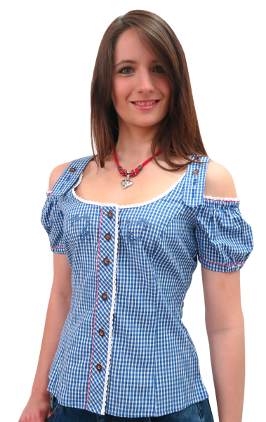 Blau karierte Bluse Fallas mit Carmenarm