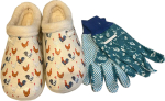 Angro Garten Damen Gartenclogs Hühner mit Fell mit  Gartenhandschuhen 2 teiliges Set Gartenset