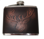 Sima Flachmann Edelstahl Lederbezug Hirschkopf 5oz mit Schraubverschluß